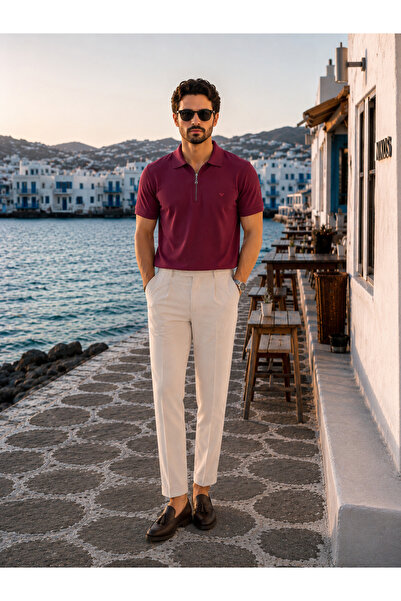 Maccali Men's Textured Premium Fabric Loose Fit Burgundy Polo Neck T-Shirt