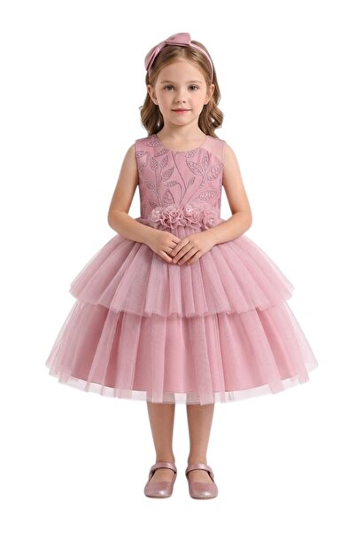 Bidani - Tiered Tulle Party Dress - Yellow, Pink - 5Y to 9Y