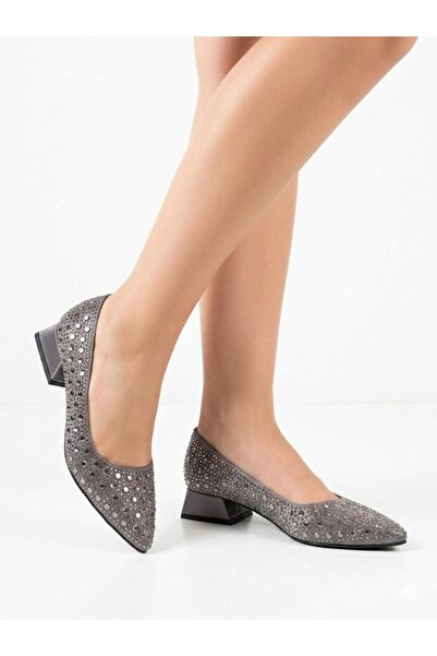 Lütfi Women's Platinum Stone Detailed Thick Heel Comfortable Fit Heeled Eveni...