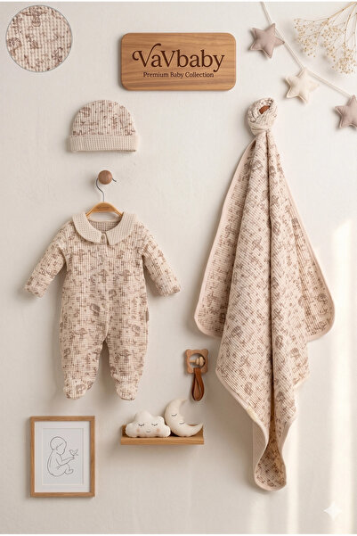 VaVbaby Baby Waffle Fabric Romper, Hat and Blanket Set Hospital Release Brown