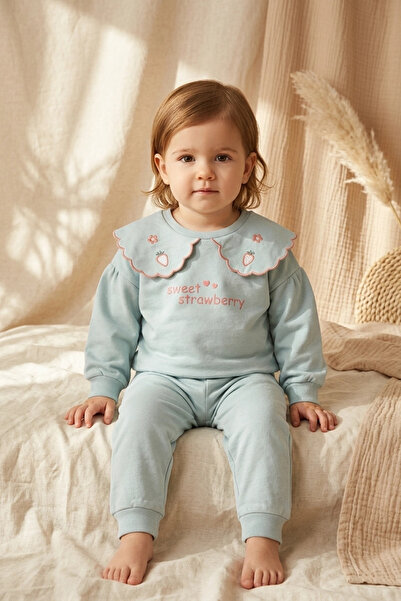 Babydonat Girl's Mint Green Strawberry Embroidered Baby Collar Sweatshirt and...
