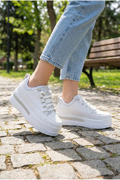 Raynok Kadın Taş Detaylı Yüksek Taban Günlük Ayakkabı Sneaker Beyaz