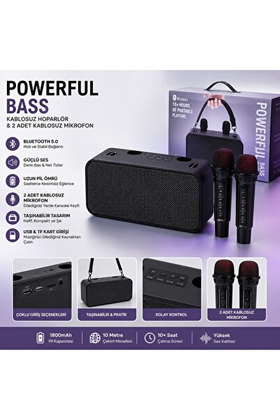 Tastech 186PRO Çift Kablosuz Mikrofonlu Bluetooth Speaker Şarjlı Taşınabilir ...