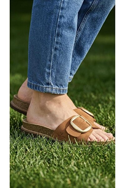 Ceyo Vera Gold Buckle Cork Sole Genuine Leather Suede Slippers