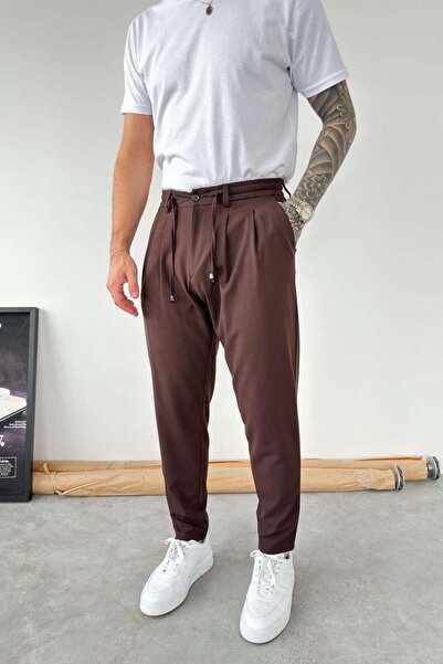 HAFKAGİYİM Brown Regular Fit Fabric Trousers with Waist Rope Detail