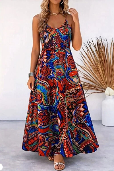 Generic Brand Women's Strappy V-Neck Patterned Long Single Jersey Dress