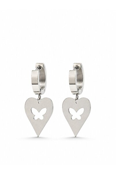 serelya 316L Steel Silver Color Heart Model Butterfly Embroidered Women's Ear...