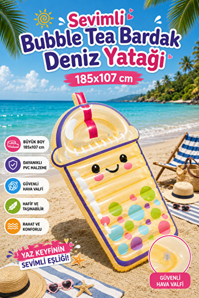 craftivio Premium Sevimli Bubble Tea Tasarımlı Şişme Deniz Yatağı Havuz Yatağ...