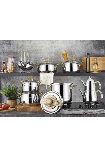 KARAMANLARGROUP Kahramanlar Steel Dowry Set 18 Piece Cookware Set with Gold H...