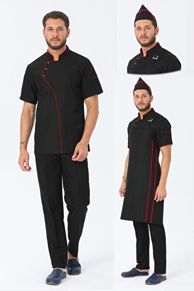 TIPTEKS Erkek Comfort Siyah Aşçı Ceket + Kep Ve Askılı Önlük - Kırmızı Biye /...