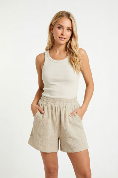 Salvia Dione Women's 100% Cotton Muslin Shorts - Elastic Waist, Pockets, Comf...