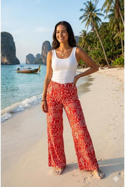 520CK Women's Ethnic Patterned High Waist Wide Leg Summer Trousers