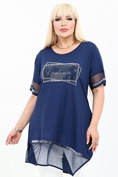 Kheos Asymmetrical Cut Stone Printed Tulle Detailed Round Neck Plus Size Tunic