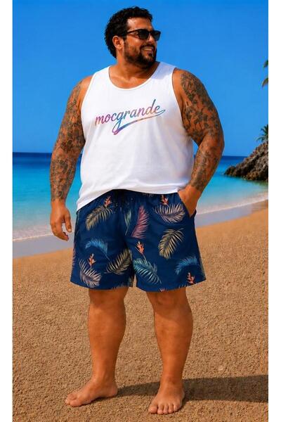 MocGrande Men's Large Size Swim Shorts Printed 26616 Navy Blue