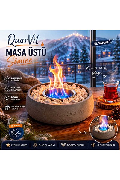 QuarVit Dekoratif El Yapımı Masaüstü Şömine Ateş Çukuru Gri Renk