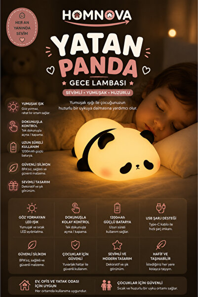 Homnova Yatan Panda Gece Lambası Dokunmatik LED Silikon Çocuk Gece Lambası