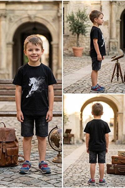 meyastore Boy's T-Shirt with Horse Illustration Print