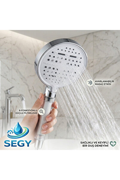 segyhome 6 Fonksiyonlu Filtreli Duş Başlığı Su Tasarruflu Basınçlı Kireç Klor...