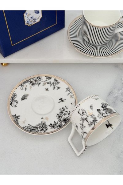 ROSSEV Porcelain Turkish Coffee Cup Set for 2 People 4 Pieces Fiore Black