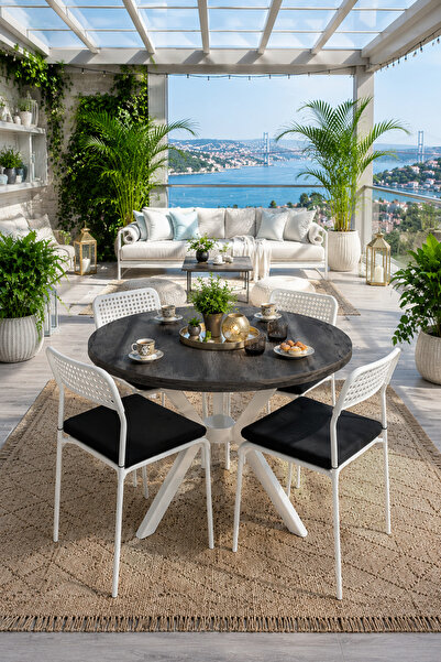 Flinder Siyah 4 Kişilik Minderli Balkon Takımı, Balkon Masası, Balkon Sandaly...