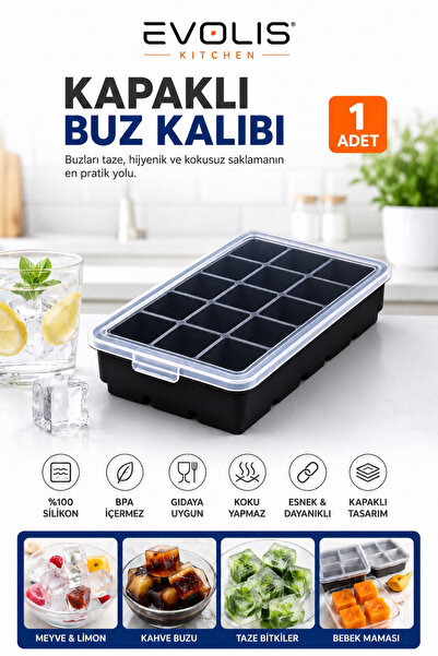 evolis kitchen 1 Adet 15’Bölmeli Kapaklı Silikon Kokteyl Buz Kalıbı Et Suyu S...