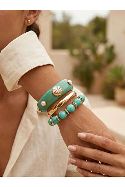 Dorvina Bohemian Bracelet Set Turquoise Color Gold Detailed 3-Piece Vintage W...