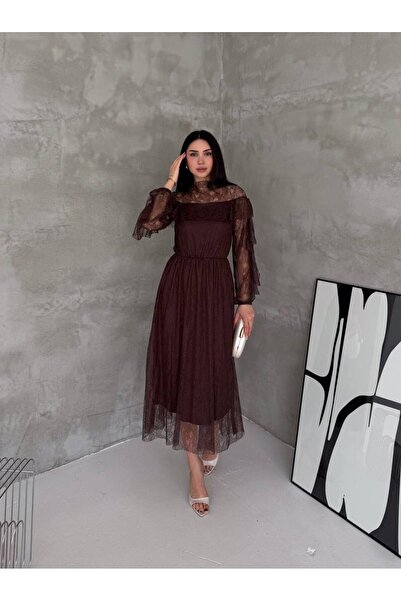 BLUSS Women's Ruffle Sleeve Detailed Transparent Lace Midi Length Evening Dress