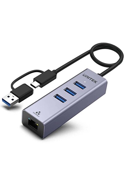 Unitek Hub USB Hub USB C 4 în 1 Ethernet 3 x USB A 5 Gbps cu adaptor USB A