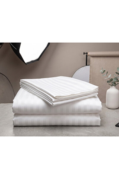 Oasis Cotton شرشف سرير مايكروفايبر مقلم أبيض فندقي فاخر - مقاس مفرد ومزدوج +2 بيت مخدة