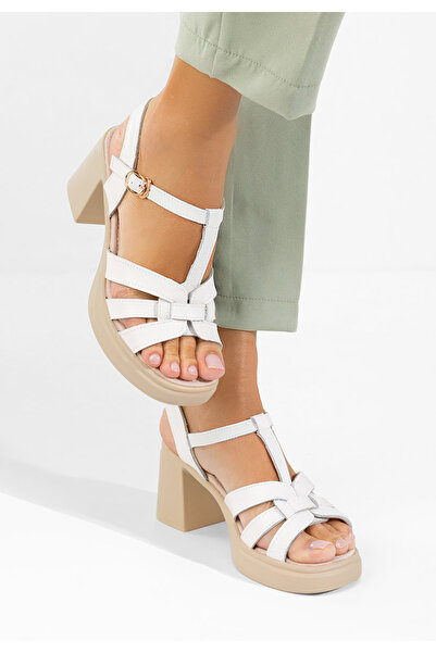 B T Shoes Sandale cu toc gros Rafelia albe