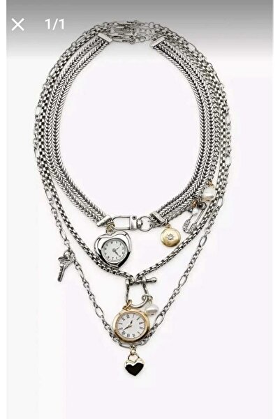 Egolinda Vintage Saat Charm Detaylı Çoklu Katman Silver & Gold Kombin Kolye