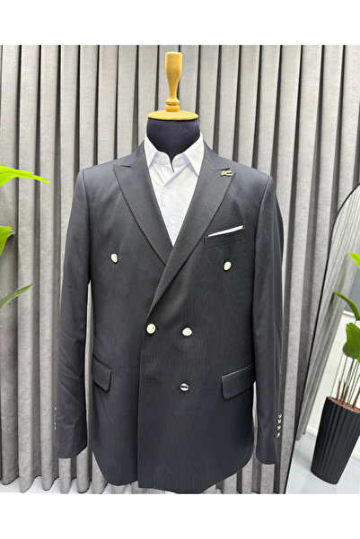 Avni Ceylan Men's Metal Button Black Striped Blazer Double Breasted Jacket