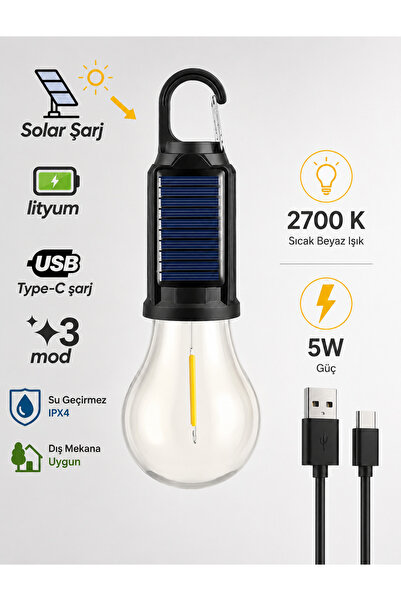 Aşkana Taşınabilir Askılı Ampul Kamp Lambası,Solar ve USB Type-C Şarjlı LED A...