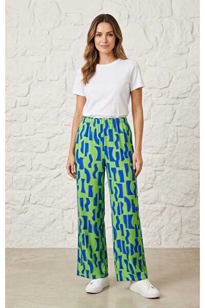 520CK Women's Abstract Patterned High Waist Wide Leg Viscose Trousers - Plazz...
