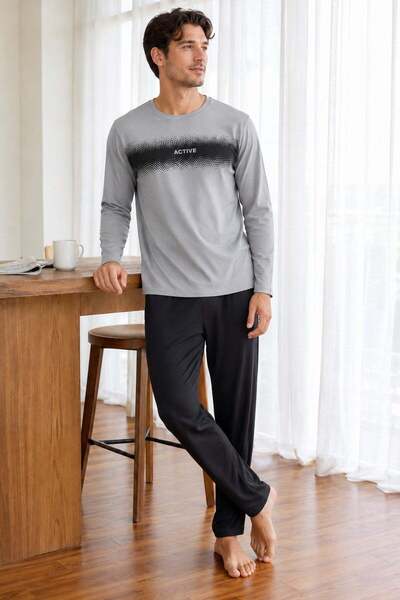 PİJAPİA Men's Long Sleeve 100% Cotton Pajama Set Gray