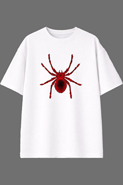 VSRN Red Parıldar Spider Design Front Printed White Oversize T-Shirt