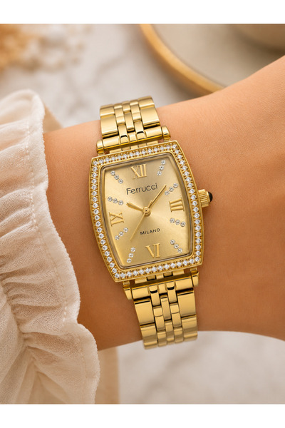 Ferrucci Modern Women's Wristwatch with Zircon Stone Case, Gold Color, Stylis...
