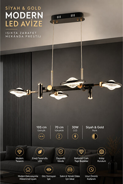 Elvora Home Modern (PREMIUM) Siyah Gold LEDli Avize 4 Kollu Sarkıt Salon Odas...