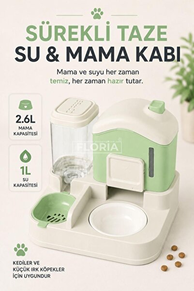 Floria Seramik Kaseli Kedi ve Köpek Mama Su Kabı | 2.6L Mama 1L Su Hazneli
