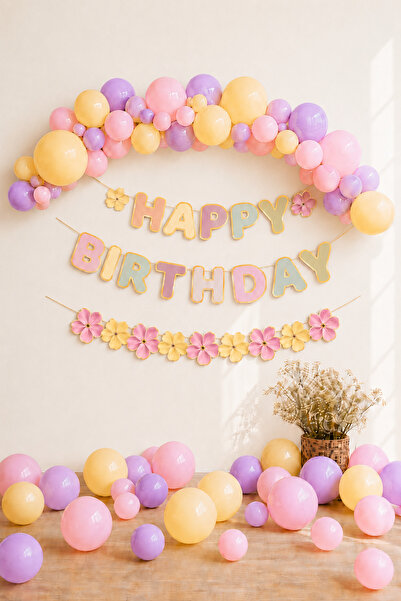 Baloncu Nene Çiçek Temalı Doğum Günü Balon Süsleme Seti Pembe Sarı Lila Happy...