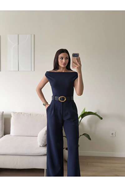 Zoom Butik Kayık Yaka Kemerli Tulum - LACİVERT