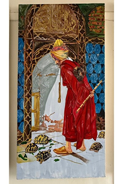 lüks dekoratif sanat eseri Osmanlı Dervişi Dekoratif Kanvas Tablo | Otantik Tasavvuf Duvar Dekoru | Çerçeveli Kanvas Tuval Sanatçı İmzalı Orijinal Kaplumbağa Terbiyecisi