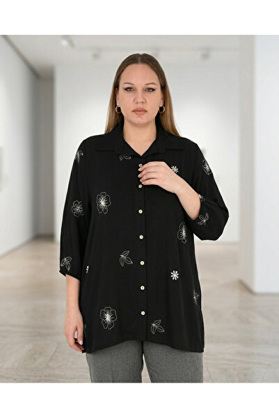 DARKWIN Plus Size Floral Embroidered Buttoned Capri Sleeve Women's Shirt