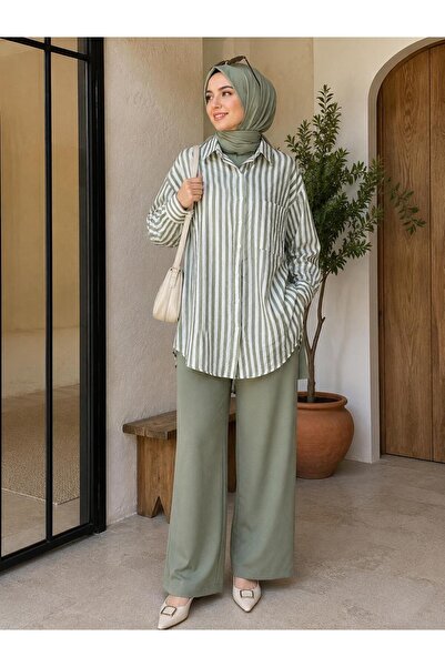 BircanButik Yeşil Çizgili Oversize Kadın Gömlek