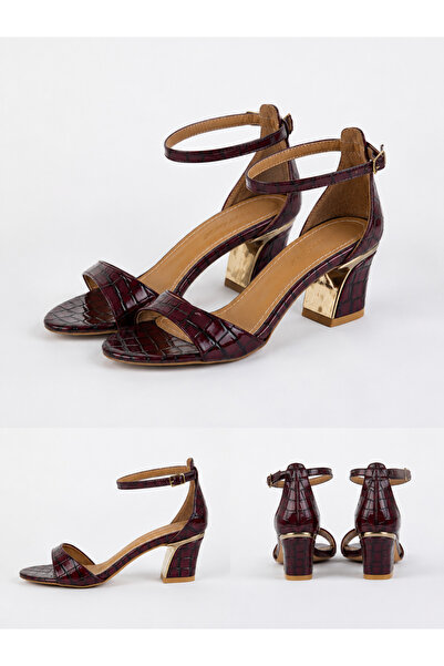 ZİESCE Burgundy Crocodile Patterned Ankle Strap Heeled Women's Sandals