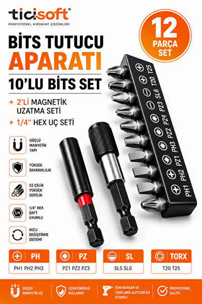 Ticisoft 12 Parça Bits Tutucu Aparatı Hızlı Değiştirme Aparatı Manyetik Uzatm...
