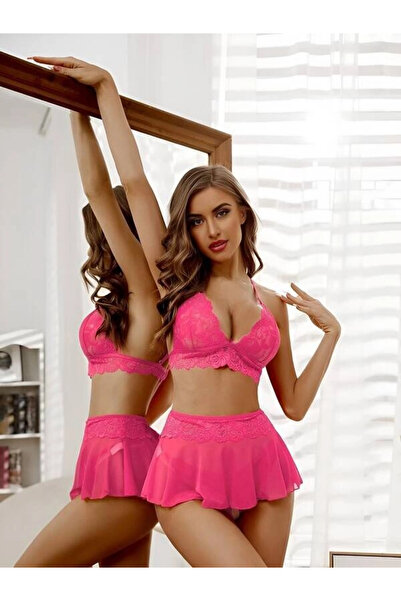 Berselya Underwear&Accessories Dantel ve Tül Detaylı Seksi Kadın Fantezi Gecelik Takımı V2702