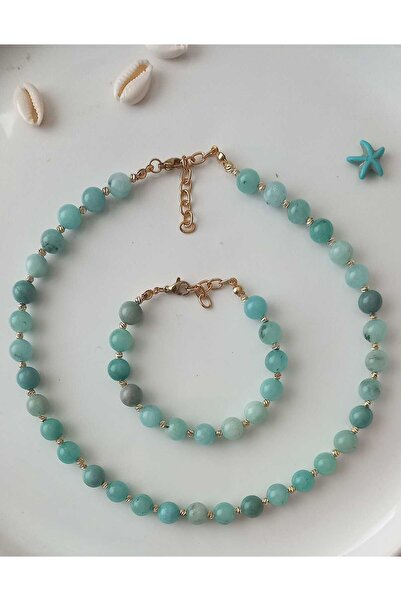 BNG AKSESUAR Turquoise Agate Natural Stone Necklace and Bracelet Set Handmade...