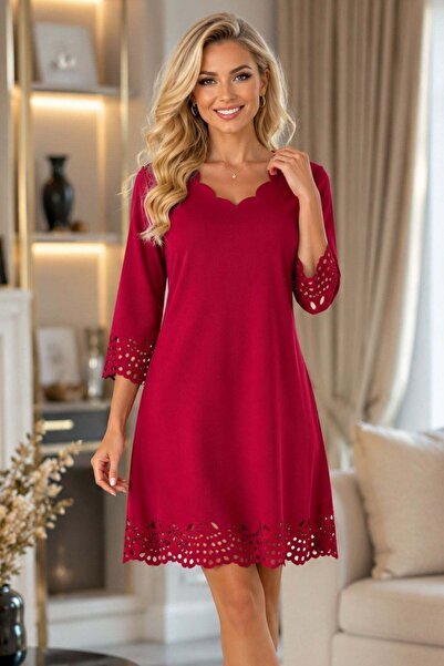 Mossta V-Neck Crepe Dress with Laser Cut Detail - Red