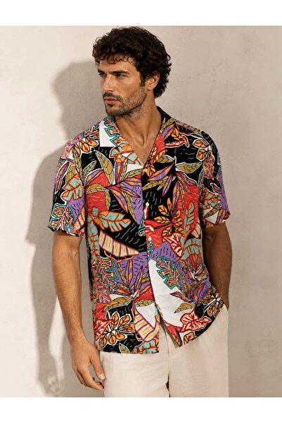 CANMODA Cămașă de resort cu model exotic de frunze, croială relaxată – TH415